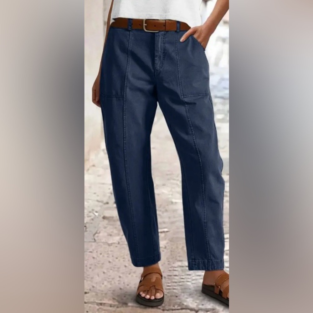 Flamingals Solid Stitch Detail Mid Waist Barrel Leg Crop Pants Navy Medium NWT - Picture 3 of 7